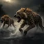 Placeholder: Hyper Realistic Angry-Hyenas Attacking Angry-Lions on with river-water flow, big-stones at dark-Rainy-night showing dramatic & cinematic ambiance