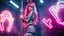 Placeholder: a beauty woman on full body shiny neon tattooes with ultra white-red hair wearing an short unique dress; looking at camera and dancing on stage, holding one pole. She appears to be a performer, possibly a dancer, preparing to entertain an neon color nonfigurative shapes on walls, vibrant neon shapes, , Psychedelics vibe,, vertical lights, alternative punk-metal style atmospheric, smoke, high detalied, high realistic, photorealist