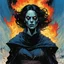 Placeholder: create an imaginative print illustration of a dreaded, feared and emaciated, raven haired, female, blind Nordic seeress, malevolent and dangerous, dressed in rags, with finely detailed facial features, wreathed in a maelstrom of fire, in the comic book art style of Bill Sienkiewicz, Mike Mignola, and Jean Giraud Moebius, finely textured, drawn, colored, and inked