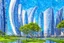 Placeholder: Sunny Day, futuristic buildings near the tree and lake zone, sci-fi, tendency to impressionism, realistic vision