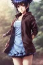 Placeholder: portrait artistic photo, wonderfull japanese, face keiko yu yu hakusho, big eyes, short brown hair, seifuku blue clothes,