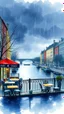 Placeholder: Watercolors painting style with dark blue cafe on the river with outdoor tables and dark rainy sky
