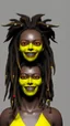 Placeholder: A woman has dark skin, yellow eyes and black dreadlocks. Her face has a slying smile, showing her superiority in the eyes of others. She is dressed in a steel armor with a few pieces of yellow and green fabric sticking out.