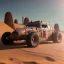 Placeholder: 3d rendering. Steampunk futuristic car. Buried in desert sand. Lost in Time