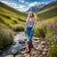 Placeholder: country side ,blue sky , mountains, pretty clouds ,small rocky river with clear water small rocks in floor,wild flowers,beautiful 18 year old girl with ash blonde hair and blue eyes with her curvy hair down, wearing a long-sleeved woollen top, and lilac long leggings, with long red boots full body standing pose shot