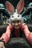 Placeholder: Closeup Goth Asian woman smiling, lying pose, rabbit mask, pink short hair, latex suit, ragged clothes, fullbody, dieselpunk, valves and old cars behind, the perspective looking up from the bottom of an empty well , 8k,macro photography,