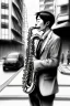 Placeholder: One single mature cat playing saxophone on the street, Osaka, thoughtful, mourning, model style, hyper realistic, extremely accurate, delicate, extremely detailed, Graphic novel style, wide-angle, open aperture, superfine pencil