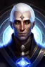 Placeholder: Generate a dungeons and dragons character portrait of the face of a male cleric of peace he is a shadar kai that looks like a drow with ashgrey skin blessed by the goddess Angharradh. He has white hair and glowing dark eyes and is surrounded by holy light. He wears a symbol of Three interconnecting circles in an inverted triangle.