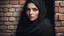 Placeholder: Hyper Realistic Young-Beautiful-Pashto-Women-With-Beautiful-Eyes-giving-bold-expressions in black shawl peeking-half-faced from a cracked-brick-wall at night with dramatic & cinematic ambiance