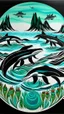 Placeholder: A turquoise glacial ocean with orcas designed in Navajo baskets painted by Arthur B. Davies