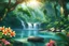 Placeholder: Create a realistic picture of a jungle with vibrant flowers and towering trees. Include beautiful animals like colorful birds, playful monkeys, and graceful deer. Add a winding river with crystal-clear, wavy water flowing gently over smooth rocks on the riverbed. Let the sunlight filter through the canopy, casting a warm glow on this serene and enchanting landscape.