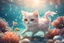 Placeholder: cute chibi dinamycally swimming antropomorph cat fairy in the sea, fishes, corals, shells, bubbles in sunshine, ethereal, cinematic postprocessing