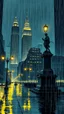 Placeholder: An atmospheric, noir-style illustration of a rainy cityscape at night, featuring glowing streetlights reflecting off the wet pavement, towering Art Deco skyscrapers, and a statue evoking a sense of intrigue and timelessness.thin line draw