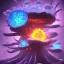 Placeholder: Spherical Frost metal magic armoured lightning Mycelium giant blob MUSHROOM flower erupting with BLUE FLAMES hellfire abyss stars SPACE lANDSCAPE