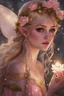 Placeholder: Pointed elven ears,Blonde hair ,Pink dress,Sparkling fairy wings,Very long golden hair,Fairy crown,pointed ears,elven ears,fairy wings,water lilies,sparkling,glittering,flowers,blossoms,golden crown,light pink dress