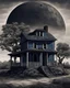 Placeholder: A realistic scene, an old home from the 1930's. the background is a planet that is on the edge of collapse. the skies are dark blue,, the trees are barren. it is very depressing,