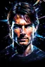 Placeholder: Tom Cruise facial portrait - pitch-black background with a blue glowing overhead spotlight effect, multicolored shards of ice, splashing water, prism effect, mosaic effect, time travel, space voyages, superheroes, moving really fast