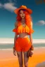 Placeholder: Full body of beautiful girl nami, Hair Color: Orange, Style: Wavy, Outfit Top: Blue, Outfit Bottom: Orange, Shoes: Brown, Accessories: Tangerine, Weapon: Clima-Tact, Hat: Straw, Tattoo: Pinwheel, Earrings: Hoops, sophisticated,, beautiful woman, hyper realistic, hyperrealism, photoreal, realistic, photorealistic, soft pastels, full-body, standing, long shot, wide angle, aesthetic