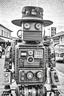 Placeholder: antique worn black and white photo of a robot that is made out of antique cameras and lenses and antique electronics with wires interconnecting wearing a cowboy hat standing in the middle of a dusty wild west town road