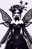 Placeholder: A whimsical dark fantasy detailed doll-like dark fairy figure with wings, an ethereal presence and hyper-realistic features. Her ewaring a victorian, goth enchanted aesthetic. Her large, dark eyes shimmer with mystery, while her flowing lacy long gown sways as if caught in an unseen breeze. Ornate wire spirals and dried dry floral elements crown around, giving her an otherworldly, nature-bound elegance with dark lace, shadows, fog in a surreal atmosphere. Hyperrealistic, splash art, concept art