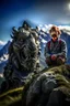 Placeholder: portrait Geordie Kieffer in the Alps on mountain top, with rock giant creature in the background,shot on Hasselblad h6d-400c, zeiss prime lens, bokeh like f/0.8, tilt-shift lens 8k, high detail, smooth render, down-light, unreal engine, prize winning