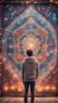 Placeholder: a happy blissed person woven into a sacred geometry knitted tapestry wall, bokeh like f/0.8, tilt-shift lens 8k, high detail, smooth render, down-light, unreal engine, prize winning