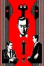 Placeholder: Mikhail Bulgakov’s The Master and Margarita, red background, black, white figures, bizarre, surreal, plakat