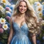 Placeholder: (best quality, 4k, 8k, highres, masterpiece:1.2), ultra-detailed, (realistic, photorealistic, photo-realistic:1.37),hyper realistic, full body gorgeous smiling 1woman,long hair,looking at viewer,realistic proportions,blue eyes,hair ornament,dress,very long hair,flower,blonde hair,parted lips,necklace,white dress,blonde hair,lips,blurry background,freckles,realistic,head wreath, pink flower,realistic portrait