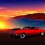 Placeholder: muscle car, desert road, sunset, full colour, realistic