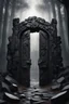 Placeholder: A huge wall made of granite black stones with a huge open gate and giant open wooden doors in the forest dark material, surrealist, elementals, intricate background, masterpiece, octane rendered, art station, thin line draw style