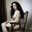 Placeholder: Breathtaking arab 30 years old woman with pale skin she is sitting on an old chair and has a tiny tanktop from the waist up, she has long black curly hair, petite figure, wide hips, prominent nose, thick lips, she has just been slapped around, by Egon Schiele, gustave dore, david mann, retro vintage style, hd photography, hyperrealism, graphite pencil drawing, realistic, natural, b&w illustration, fine art, beautiful watercolor painting, realistic, detailed, by olga shvartsur, svetlana novikova