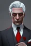 Placeholder: Realistic, red eyes, light skin, short black and gray hair, red earring, suit and tie clothing, gloves on hand