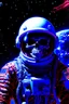 Placeholder: A close up of a skeleton face looking shocked, in an astronaut helmet and suit floating in space. inside the hollow eyes are red shining lights, scary. On his suit is an American flag and in his one hand is a small wavering American flag, on it is written "boned in the USA". From the back of his suit is blowing out blue, white and red smoke. Realistic, 8k, highly detailed, funny