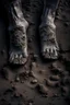 Placeholder: A toes looks dirty filled on the grey dark. Sands and dirt on a sands ground, view from the top