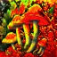 Placeholder: A highly-detailed Hand sketched illustration of porcini Mushrooms on paper, focus on line work and small shades of color, use shades of yellow, brown, black, red, and orange, add Chinese ink-brush details to the tops of mushrooms, Marco Mazzoni art style, fantasy like mushrooms