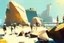 Placeholder: Sunny day, people near the, rocks looking a distant modern city