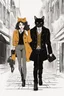 Placeholder: Design a book cover for fantasy criminal story. One teenage girl and two boys are on the town street—Black Cat as a company. The book is for teenagers—modern style. renoir style, bauhaus style