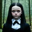 Placeholder: Young elle fanning as Wednesday addams, in tge woods