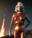 Placeholder: retro sci-fi portrait image from 1980, Los Angeles street explosions, fire, scared people, blonde woman walking, sweet Kate moss face, tight latex suit, soft color, highly detailed, unreal engine 5, ray tracing, RTX, lumen lighting, ultra detail, volumetric lighting, 3d, finely drawn, high definition, high resolution.