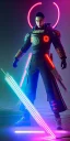 Placeholder: Itachi with cyber glowing swords, cyberpunk, full body, realistic, intricately detailed, neon lighting, vivid colors, neon, 64k