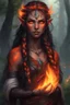 Placeholder: Fire Eladrin druid female. Hair is long and bright black part glows. Part of hair is braided and fire comes out from it. Big bright red eyes. Is generating fire with her hands and fire are coming our off them . Skin color is dark. Has a big deep scar on face.