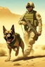 Placeholder: A soldier dog dressed in military combat uniform fighting another soldier dog in the hot desert landscape, digital illustration portrait, dog's face is snarling, aggressive, angry, Craig Miller , futuristic, pulp fiction graphic novel style, hyperrealism, photorealism