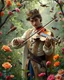 Placeholder: Gorgeous Photography Handsome Prince playing violinist in Wild garden,flower,birds surrounding,fractal ornamentation, over detailed, gloriously full and confusing, nothing that really exists, everything made up, fantasy world, sweet briar, photography graphic art, song birds, ochre rose,rose buds, dewy morning, forest of oaks