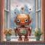 Placeholder: Cute whimsical pouty Robot who has a frowny face on LED face screen display, looking out of bay window at downpour, splash art, by Sean Tan, by Kay Nielson, by Norman Rockwell, digital watercolor, impressionism, whimsical, super cute, warm colors, artsy lines.