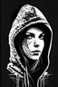 Placeholder: Create a graphic picture of an women hacker with an huddie with the face strait forward, in black and white to be used as a logo