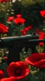 Placeholder: black gun with red kiss on it in a garden full of red poppies. cinematic