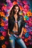 Placeholder: Gorgeous Realistic Photography Super Model European Beautiful young woman as cowgirl with clothing abstracts flowers luxury casual leather jacket and levis jeans dressing painting art neons rainbow colors glowing in the dark and colorful details, light leaks boleh colors,flowers background, close-up portrait