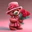 Placeholder: Cute bear in hat and suit gives buquet of red roses to bear in pink dress and bow on head. 3D Disney cartoon style.