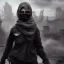 Placeholder: women, faces covered in black masks, ragged clothes, holding flag, war-torn, destroyed city in the background, 8k resolution, hyperrealistic, detailed matte painting, b&w, dynamic lighting, war, anarchy, terrorists