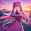 Placeholder: girl, masterpiece, best quality, cinematic lighting, detailed outfit, perfect eyes, long hair, pink hair, twin tail, pink eyes, vibrant colors, pink outfit, landscape, sunset, pink sky,